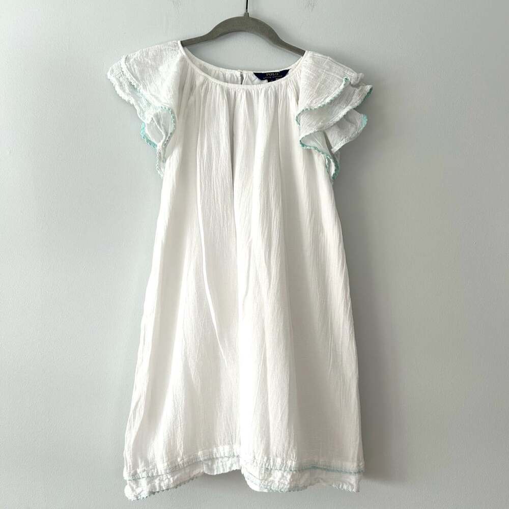 Polo Ralph Lauren White Cotton Ruffled Sleeve Dress Size 14